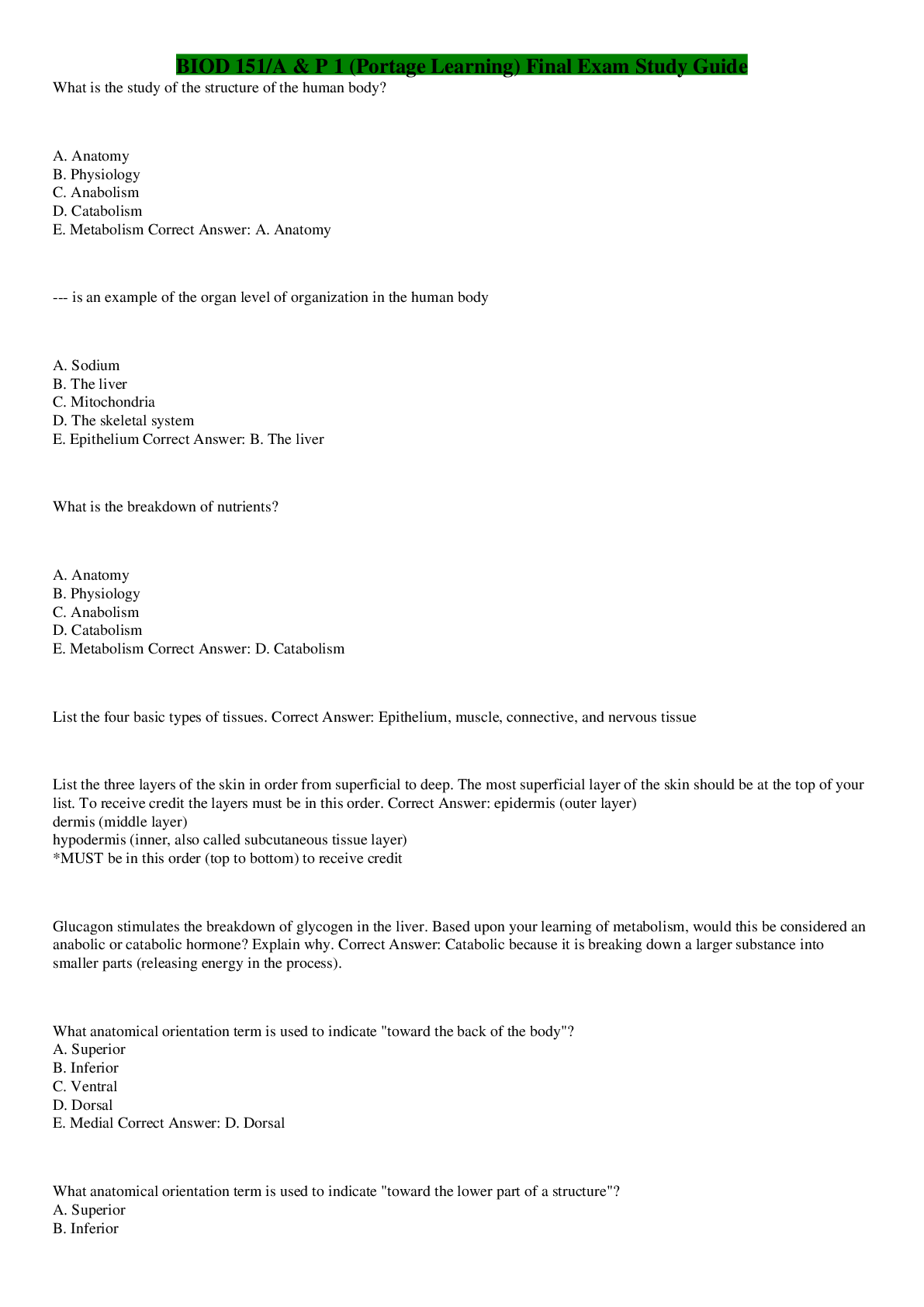 Preview image of BIOD 151/A & P 1 (Portage Learning) Final Exam Study Guide document